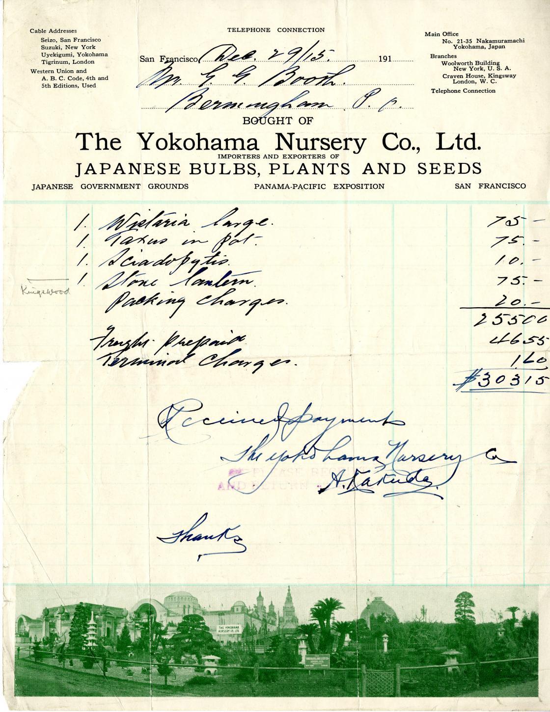 Photograph of a Yokohama Nursery Receipt from December 29, 1915.