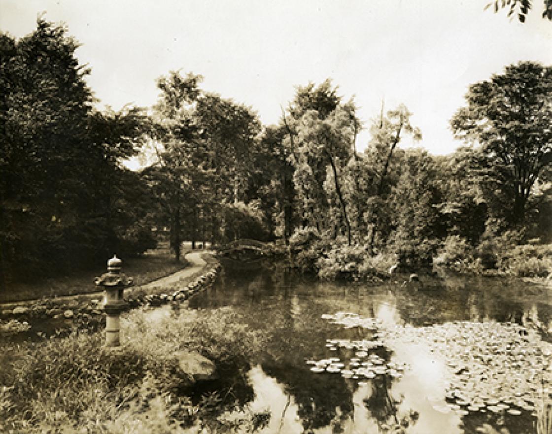 Photograph of a Kasuga Lantern and Bronze Cranes at the Cranbrook Japanese Garden, circa 1928.