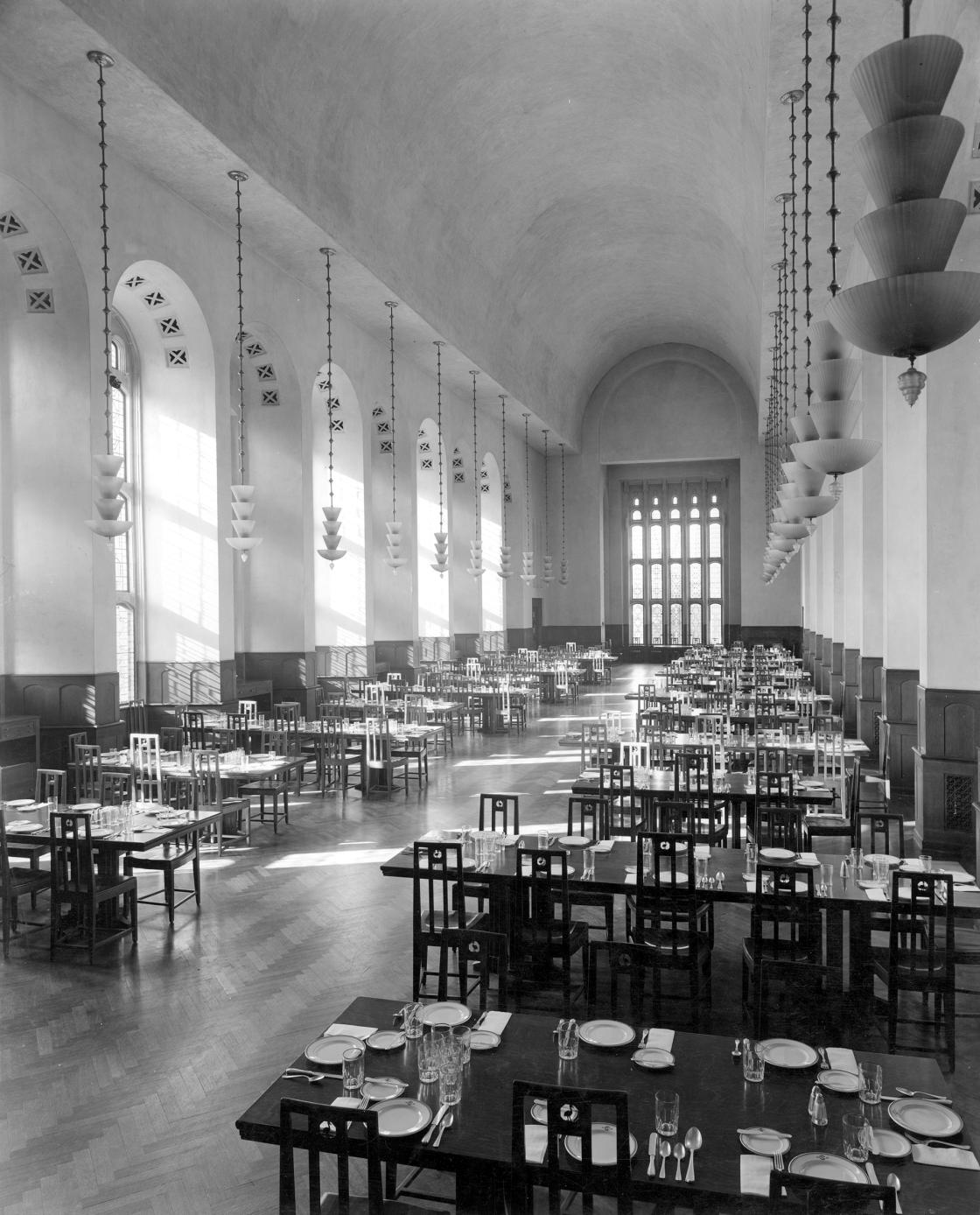 Cranbrook School Dining Hall set for dinner, October 1936. Courtesy Cranbrook Archives.