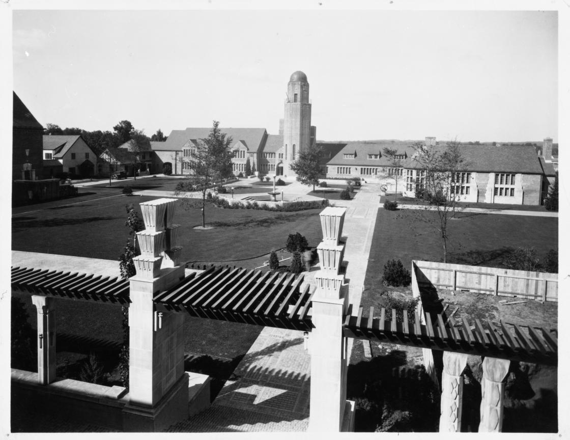 Eliel Saarinen (Architect), Cranbrook School for Boys, Quadrangle. Photographed by The Arnold Studio, circa 1928; Photograph Collection of Cranbrook Archives (CEC3879).