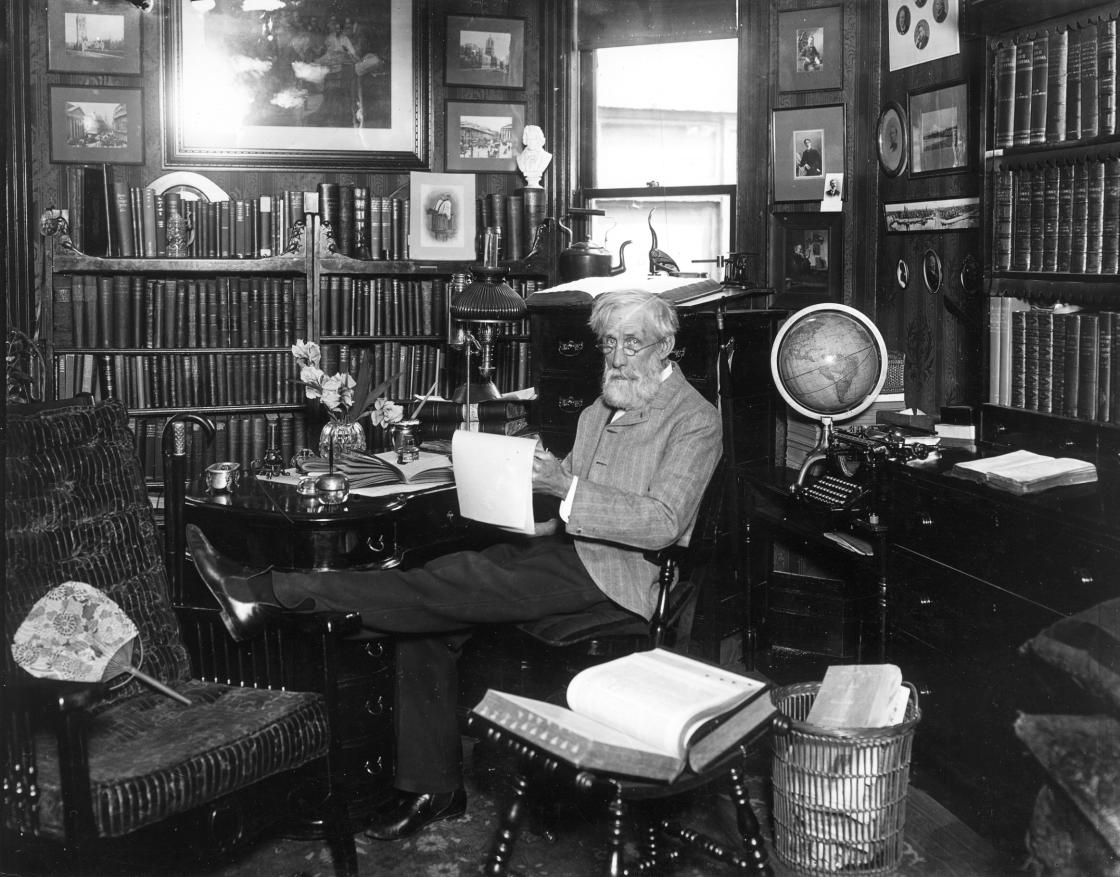 Henry Wood Booth, circa 1904. Photograph Collection of Cranbrook Archives (E222). Henry Booth is seated in his study in his home on Trumbull Avenue in Detroit, where Clara Booth and he lived before moving to the Cottage at Cranbrook.