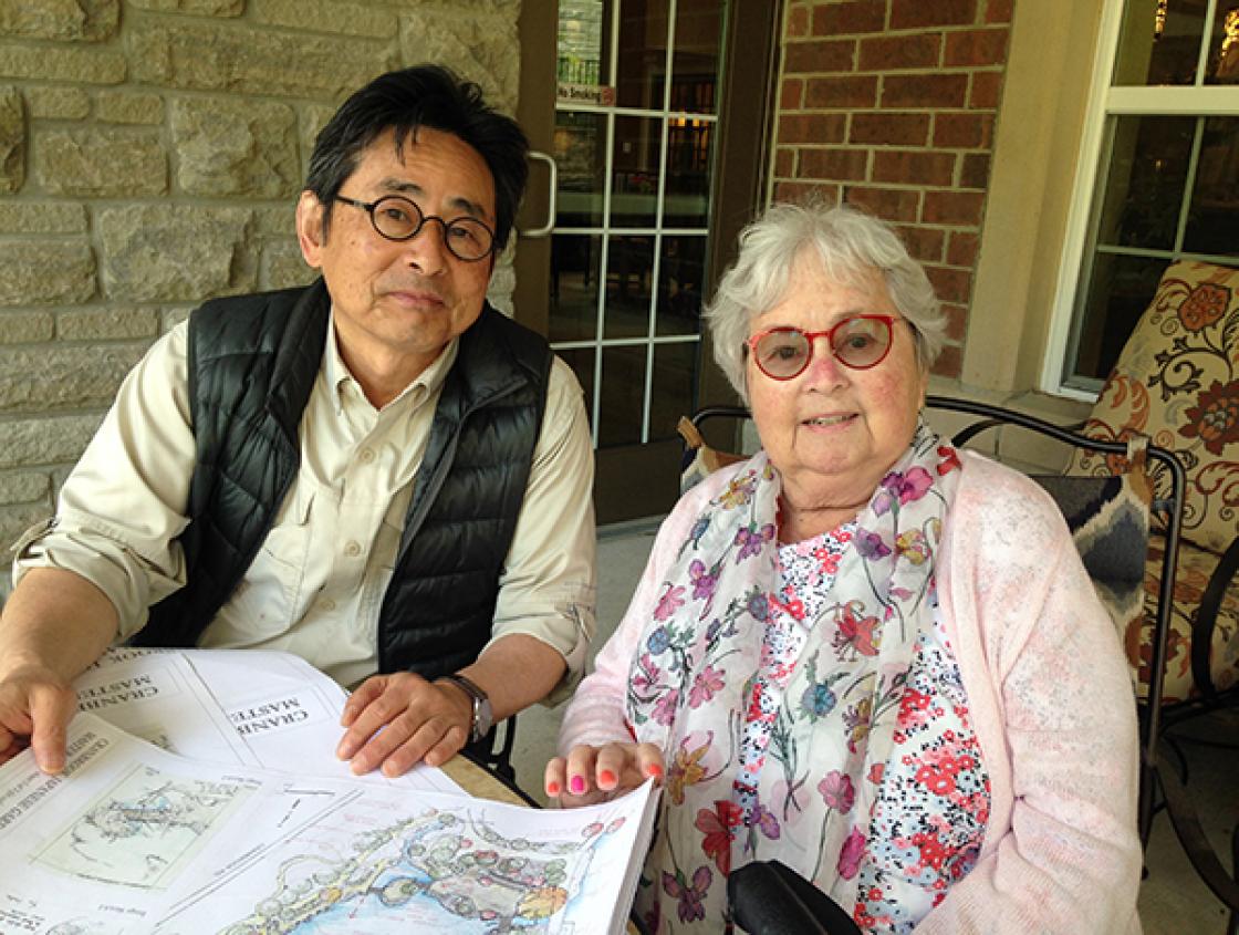 Sadafumi Uchiyama and Jeanne Graham Review the Master Plan for the Rehabilitation of the Japanese Garden, June 12, 2019. Photography by Gregory Wittkopp.