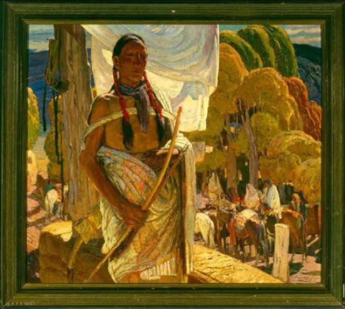 Photograph of a painting depicting a Native American in a south western landscape