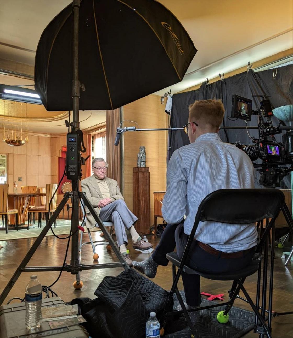 Photograph of Kevin Adkisson interviewing Robert Saarinen Swanson in Saarinen House
