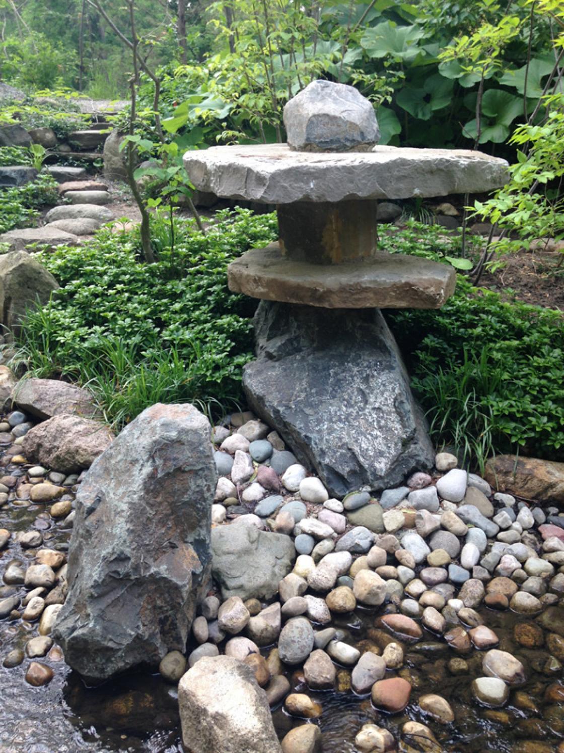 Photograph of the Mountain Lantern in the Cranbrook Japanese Garden, October 2018.