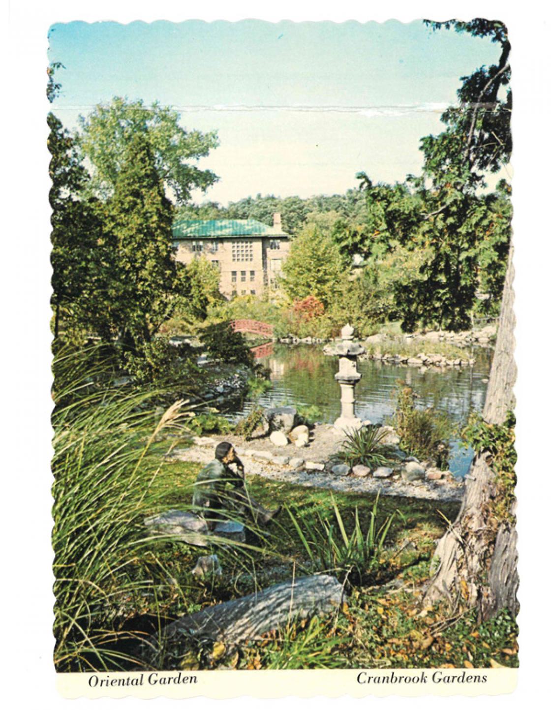 Photograph of a postcard of Cranbrook's "Oriental Garden" with the Kasuga Lantern, circa 1976.